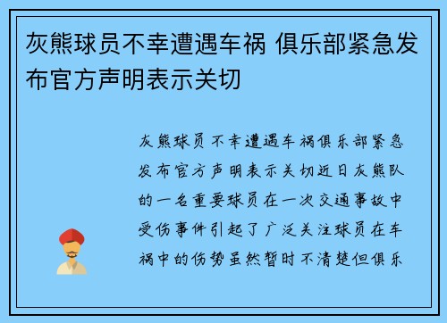 灰熊球员不幸遭遇车祸 俱乐部紧急发布官方声明表示关切